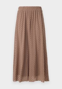 Jupe marron, longueur genou avec une ceinture élastique, tissu texturé présentant un motif en losange dans une tonalité plus claire, légère et fluide.