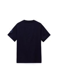 Navy blue short-sleeve T-shirt with crew neck, shown from the back, featuring a subtle circular logo on the left sleeve.