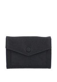 Black leather wallet with front flap secured by a single snap button, displaying clean stitching and a smooth texture.