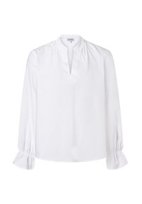 Weiße Bluse mit langen Ärmeln aus leichtem Baumwollmaterial. Sie verfügt über einen teilweisen Knopfverschluss, einen gerafften Halsausschnitt und elastische Rüschensäume.