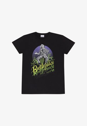 Sort bomulds T-shirt med et grafisk motiv af en karakter i stribede klæder, med teksten 'Beetlejuice' i grønne og lilla farver.