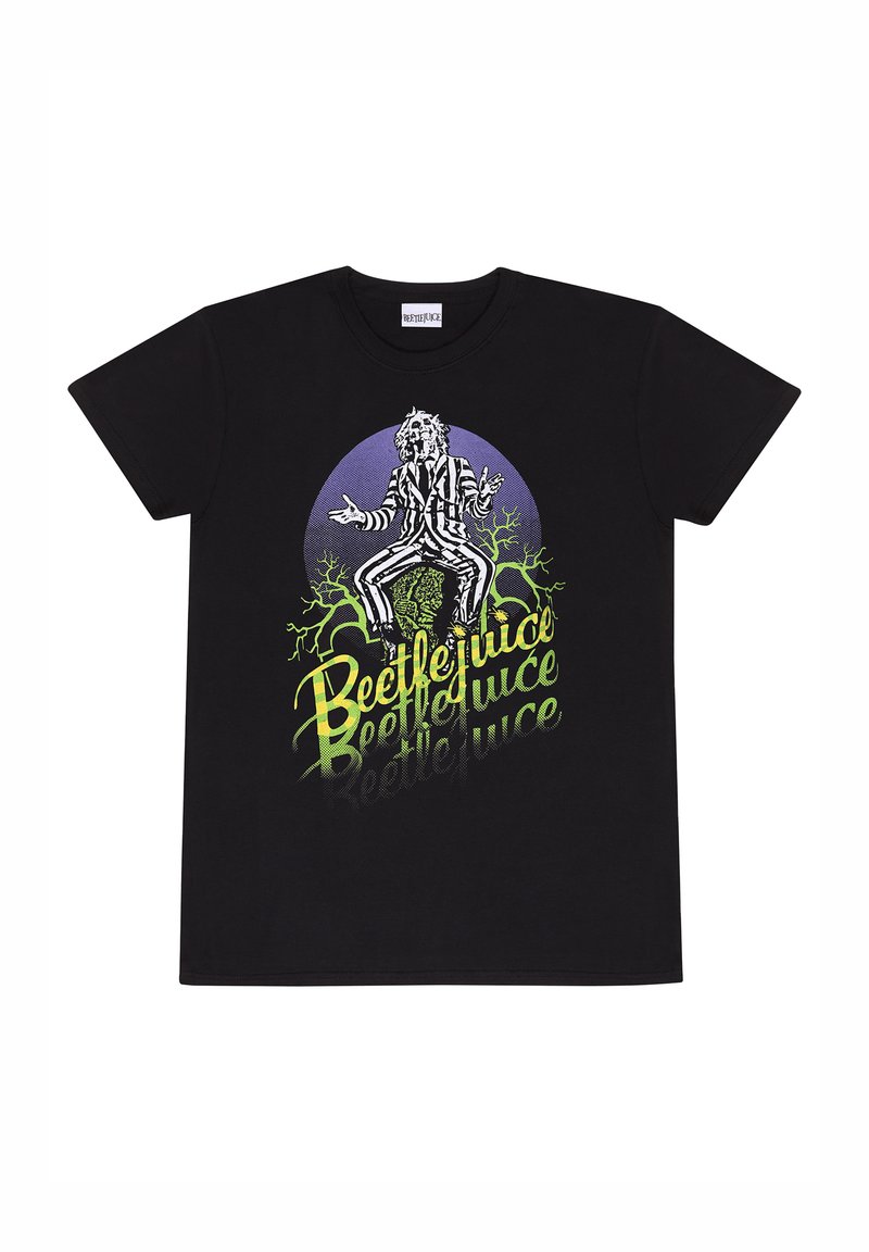 Černé bavlněné tričko s grafikou postavy v pruhovaném oblečení, s textem "Beetlejuice" v zelené a fialové barvě.