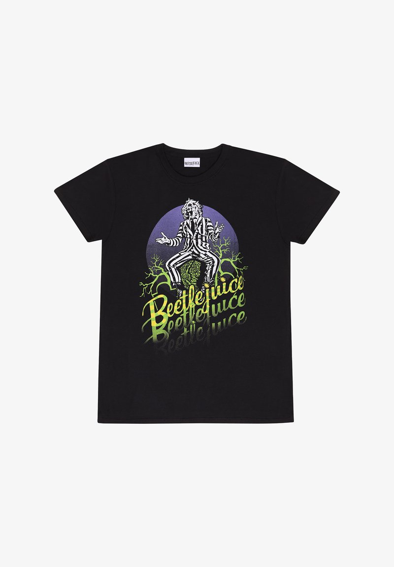 Černé bavlněné tričko s grafikou postavy v pruhovaném oblečení, s textem "Beetlejuice" v zelené a fialové barvě.