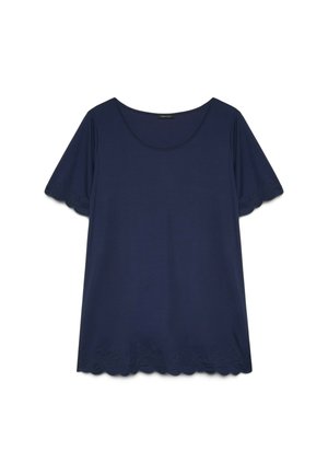 Top blu navy a maniche corte con rifinitura in pizzo smerlato su maniche e orlo, scollo rotondo e tessuto liscio.