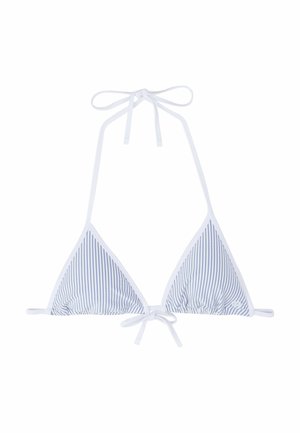 Gestreepte bikinitop in wit en lichtblauw, met een driehoekige vorm, dunne bandsluitingen en een striksluiting aan de achterkant. Zacht materiaal.