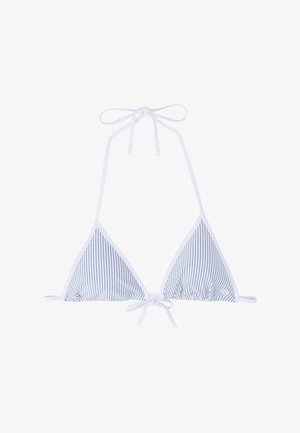 Pasowy stanik bikini w białym i jasnoniebieskim kolorze, o trójkątnym kształcie, cienkich ramiączkach i z zapięciem na wiązanie z tyłu. Miękki materiał.
