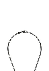 Collana in metallo di colore nero, realizzata con anelli tondeggianti, una superficie liscia e un gancio sicuro per la chiusura.