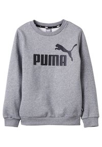 Szary sweatshirt wykonany z mieszanki bawełny, z okrągłym dekoltem, ściągaczami przy mankietach i dole, oraz czarnym logo i sylwetką Pumy z przodu.