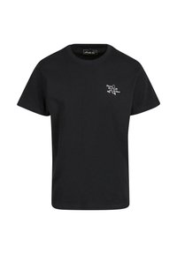 Black cotton t-shirt with a crew neck, short sleeves, and white embroidered text on the chest. Simple design, standard fit.