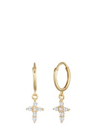 Zlatne okrugle naušnice s privjeskom u obliku križa, ukrašene prozirnim rhinestones, s glatkom teksturom i dizajnom kružne petlje.