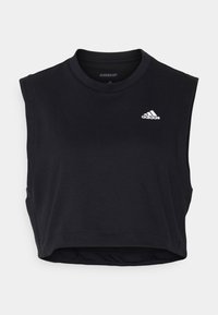 Černý bezrukávový sportovní top s krátkým střihem a logem Adidas na hrudi, s nápisem Aeroready uvnitř výstřihu.