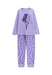 Fioletowy zestaw piżamowy z długim rękawem, z grafiką kota oraz spodniami w wzory z abstrakcyjnymi kształtami w podobnych odcieniach. Miękka tkanina.
