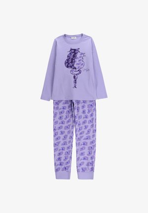 Fioletowy zestaw piżamowy z długim rękawem, z grafiką kota oraz spodniami w wzory z abstrakcyjnymi kształtami w podobnych odcieniach. Miękka tkanina.