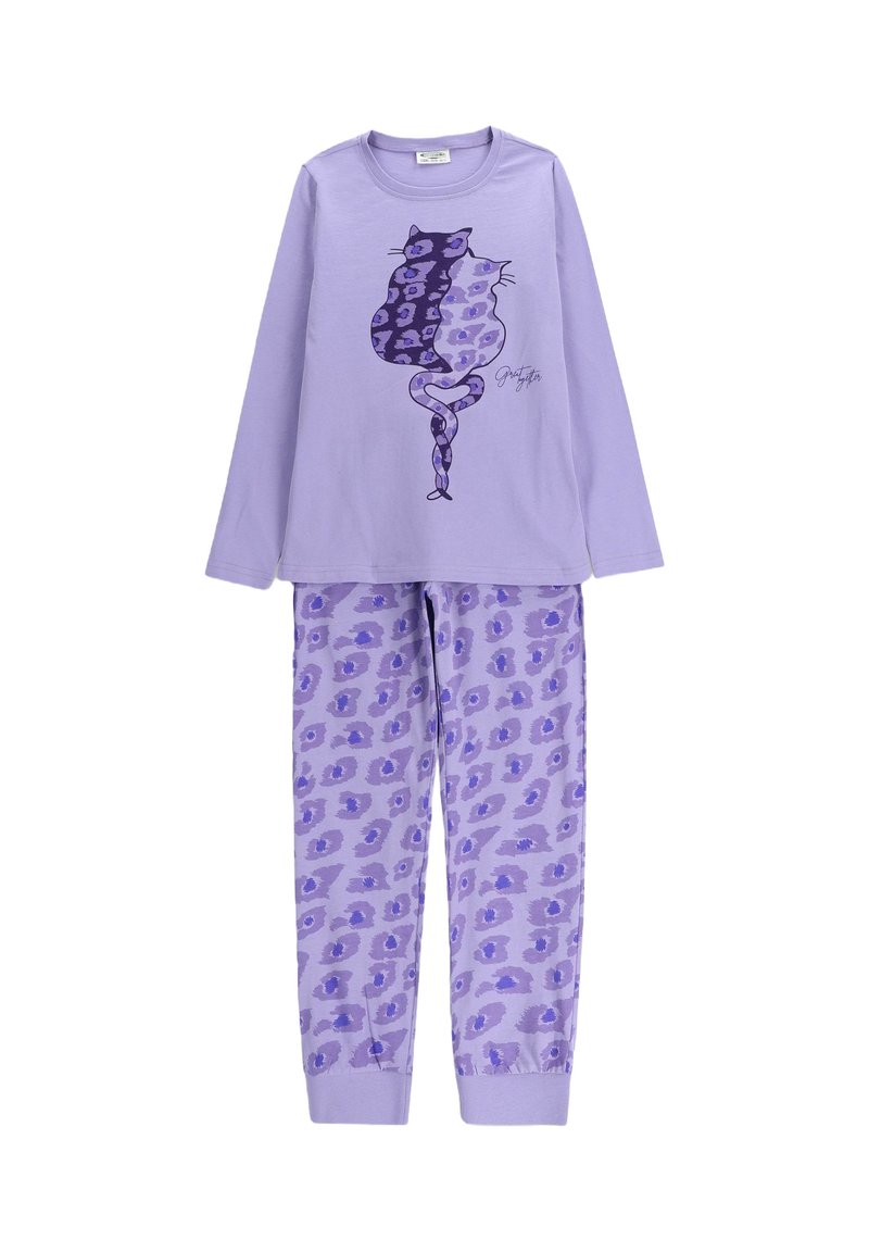 Fioletowy zestaw piżamowy z długim rękawem, z grafiką kota oraz spodniami w wzory z abstrakcyjnymi kształtami w podobnych odcieniach. Miękka tkanina.