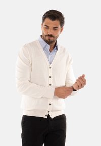 Cardigan crema con scollo a V, chiusura con bottoni e maniche lunghe, indossato sopra una camicia azzurro chiaro. Presenta polsini e orlo a costine.