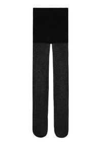 Czarne, nieprzezroczyste rajstopy z solidnym pasem i błyszczącą, teksturowaną nogawką, ułożone na płasko na białym tle.