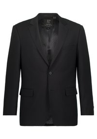 Zwarte op maat gemaakte blazer met notch revers, knoopsluiting, twee voorkzakken en een subtiele patronenvoering. Gemaakt van zachte stof.