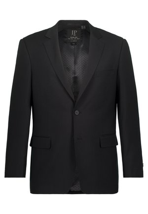 Schwarzer, taillierter Blazer mit Reverskragen, Knopfverschluss, zwei Fronttaschen und einem dezent gemusterten Futter. Hergestellt aus glattem Stoff.