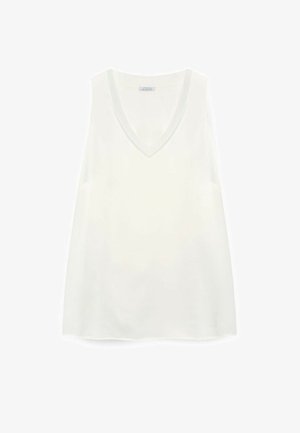 Valkoinen hihaton toppi, jossa on V-pääntie, valmistettu kevyestä kankaasta. Ominaisuuksiin kuuluvat siistit linjat ja rento istuvuus, mikä tekee siitä ihanteellisen kerrospukeutumiseen tai lämpimille säille.