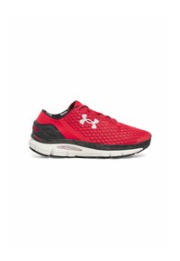 Red athletic shoe with a breathable mesh upper, black accents, rounded toe, cushioned sole, and contrasting white branding on the side.