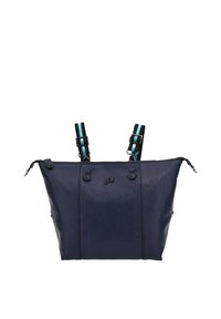 Borsa a tote in pelle blu navy con manici a strisce nere e teal, chiusura con zip e branding discreto. Presenta una superficie testurizzata e una forma strutturata.