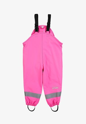 Combinaison imperméable rose vif pour enfants avec bretelles noires réglables et bandes réfléchissantes au-dessus des poignets élastiques.