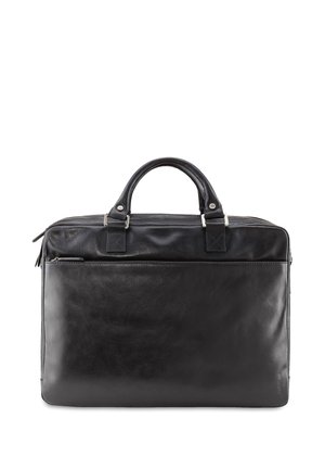 Maletín negro de cuero con dos asas y bolsillo frontal con cremallera, diseñado para llevar documentos o portátiles.