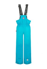 Turquoise waterproof snow pants with adjustable suspenders, elastic waistband, and logo patch on the front. Features wide legs and ankle snaps.