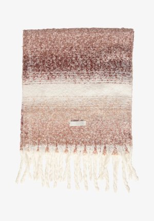 Kudottu heittäytymisläntä, jossa on ruston ja kerman sävyt, reunassa fringet ja pehmeä tekstuuri. Tunnus näkyvissä yhdellä puolella.