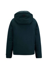 Donkergroen gewatteerde jas, met een capuchon, geribbelde manchetten en een gladde textuur. De achterkant toont het merkje boven de halsopening.