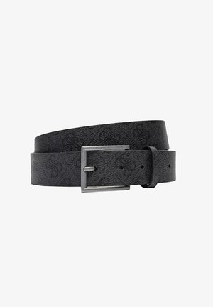 Cinturón de cuero negro con patrón, equipado con una hebilla rectangular de metal plateado. Textura suave, construcción resistente y múltiples agujeros de ajuste.