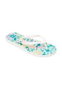Flip-flop with a white strap and colorful floral pattern in shades of blue, pink, and yellow on a textured footbed. Rubber sole.
