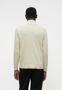 Maglione a maglia testurizzata color beige chiaro con colletto, maniche lunghe e orlo a coste, visto da dietro.