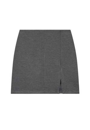 Mini gonna dritta grigio scuro con spacco frontale sul lato destro, realizzata in un tessuto liscio e elastico.
