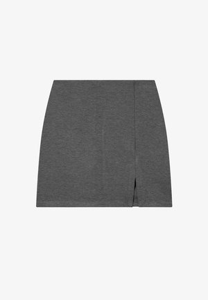 Mini gonna dritta grigio scuro con spacco frontale sul lato destro, realizzata in un tessuto liscio e elastico.