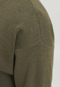 Olivgrüner Strickpullover mit einer sanften Textur, der ein leicht tailliertes Design und nahtlose Schulterkonstruktion aufweist.