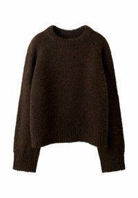 Maglione marrone lavorato a maglia con collo rotondo, maniche lunghe e design corto, caratterizzato da una finitura morbida e testurizzata.