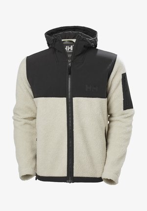 Fleece jacket with black upper section, cream lower section, zip closure, hood, and side zippered pocket. Features textured fabric.