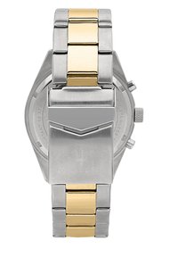 Uhr aus Edelstahl und goldfarbenem Metall mit rechteckigem Design, glänzender Oberfläche, verlinktem Armband und graviertem Markenlogo auf der Rückseite.