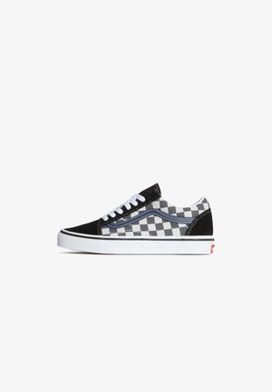 Black and gray checkerboard canvas sneaker with white laces, black suede accents, white rubber sole, and blue detailing on the side.