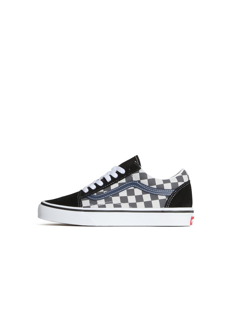 Zapatilla de lona a cuadros en negro y gris con cordones blancos, acentos de ante negro, suela de goma blanca y detalles azules en el lateral.