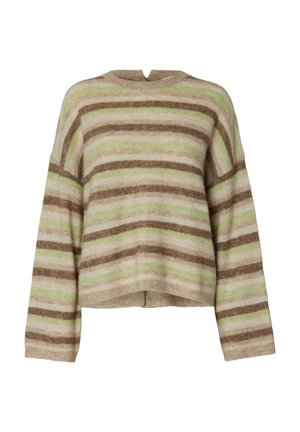 Mīksts trikotāžas džemperis ar horizontālām svītrām bēša, zaļā, krēmkrāsā un brūnā krāsā, ar garām piedurknēm un apaļu kakla izgriezumu.
