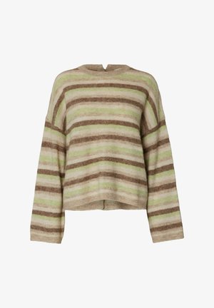 Pull en tricot doux à rayures horizontales beige, vert, crème et marron, avec manches longues et col rond.