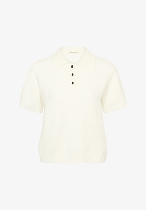 Bílá pletená polokošile s krátkými rukávy, plochým límečkem a třemi černými knoflíky vpředu. Měkká textura a volný střih.