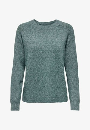 Green knit sweater with long sleeves, round neckline, and a textured finish. Features ribbed cuffs and hem for a fitted look.