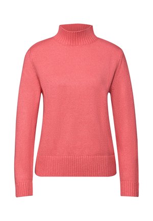 Korallenroter Rollkragenpullover aus weichem Strickmaterial, mit gerippten Bündchen und Saum, lockerem Schnitt und glatter Textur.