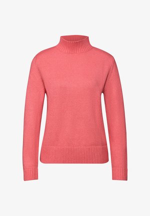 Koraalrode coltrui gemaakt van zacht gebreid materiaal, met geribbelde manchetten en zoom, een ontspannen pasvorm en een gladde textuur.