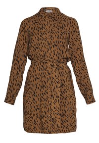 Hnědé šaty košilového střihu s černými leopardími skvrnami, zapínání na knoflíky vpředu, límec, dlouhé rukávy a pás s uvázáním v pase. Měkká textilie.