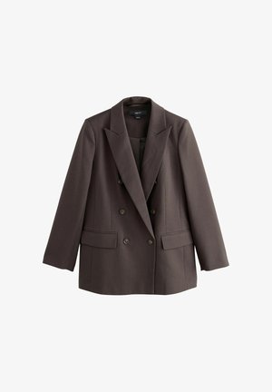 Blazer marron à double boutonnage avec un rabat cranté, deux poches avant et des accents de bouton, fabriqué à partir d'un tissu lisse et texturé.