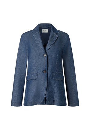 Dame skræddersyet mørkeblå blazer med to knapper, notch reverskrave og forlommer med klap.